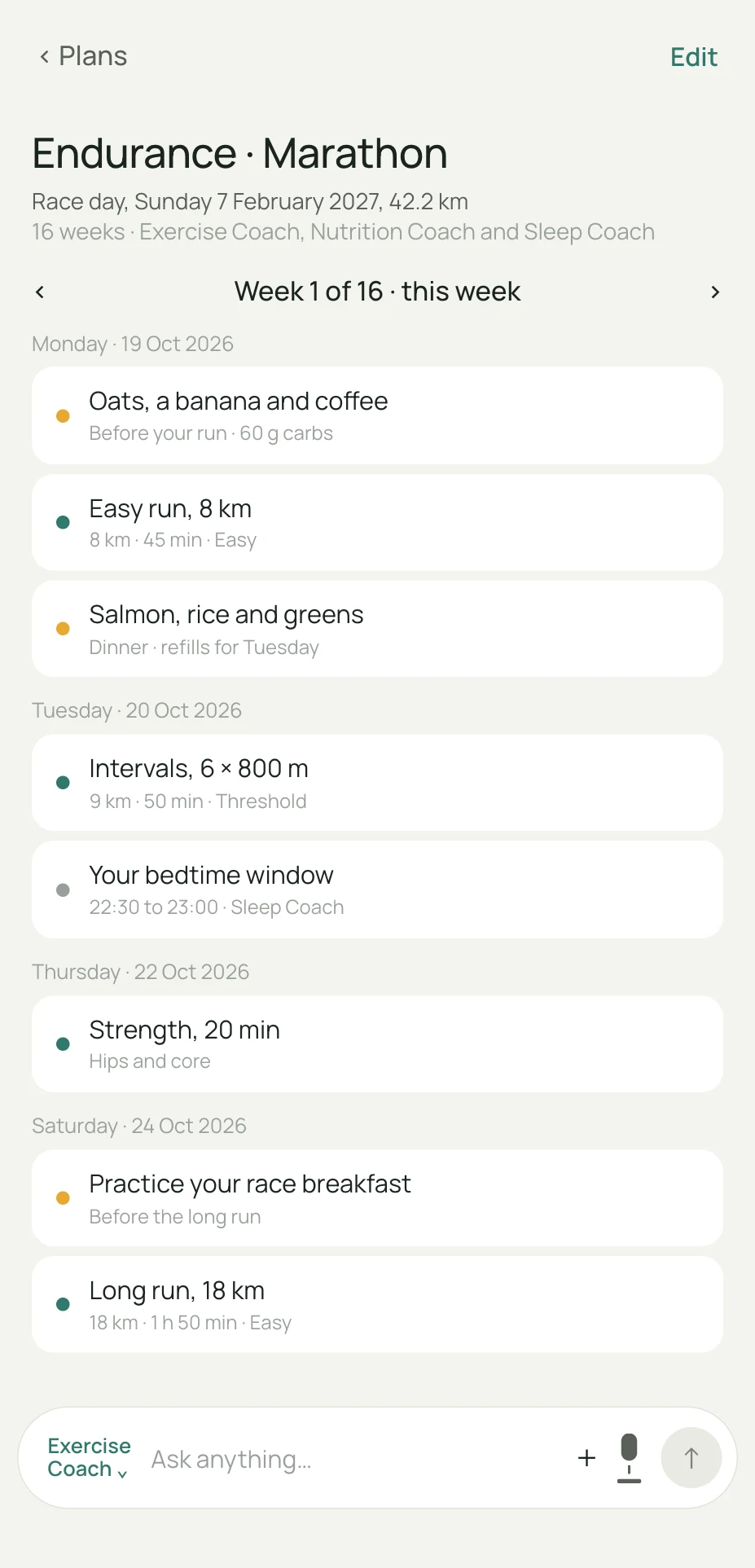 Week one of a training plan written by the coaches.